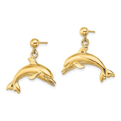 14K Yellow Gold Jumping Dolphin Dangle Earrings – view 3