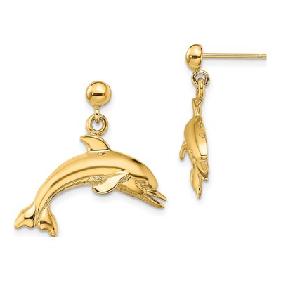 14K Yellow Gold Jumping Dolphin Dangle Earrings