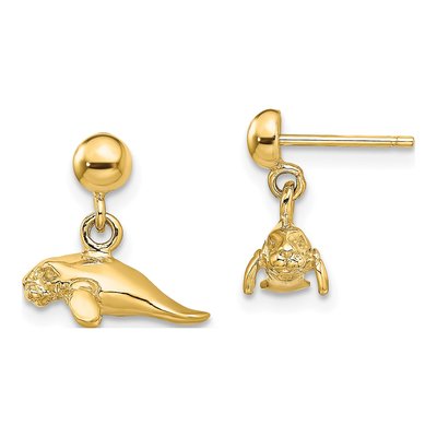 14K Yellow Gold Mini Manatee Dangle Earrings