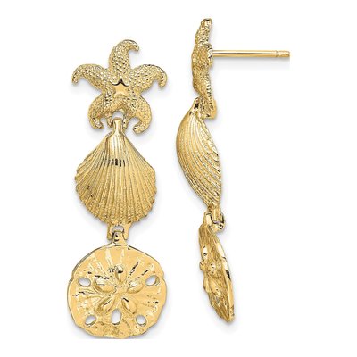 14K Yellow Gold Starfish Shell Dangle Earrings