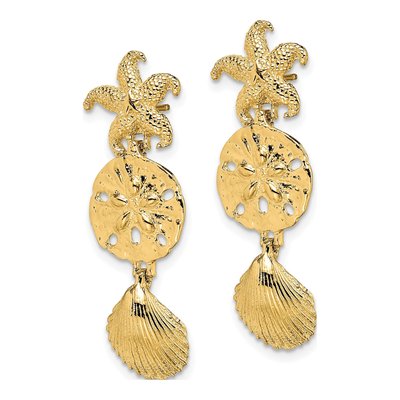14K Yellow Gold Starfish Shell Sand Dollar Dangle Earrings – view 3