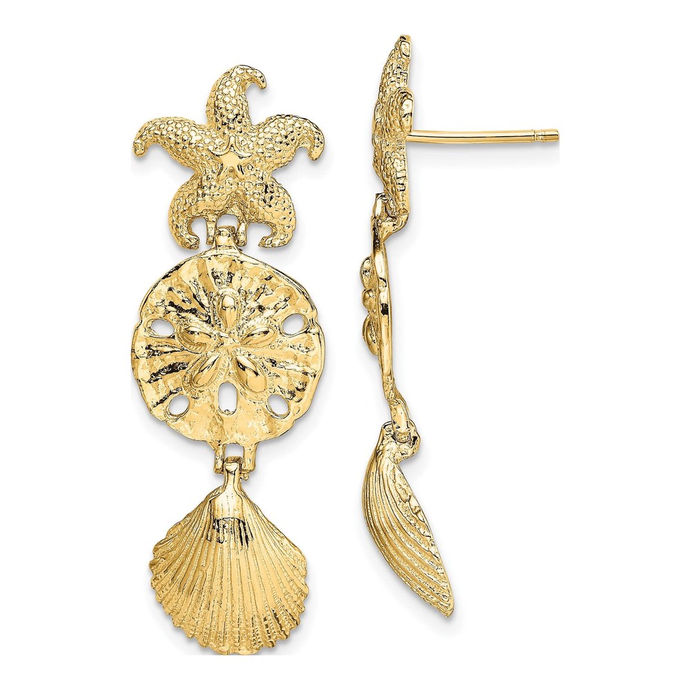14K Yellow Gold Starfish Shell Sand Dollar Dangle Earrings
