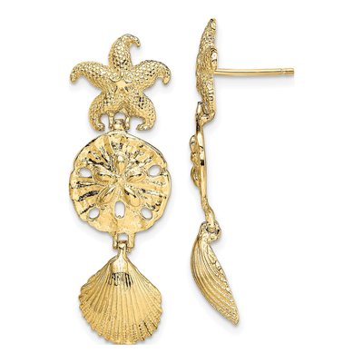14K Yellow Gold Starfish Shell Sand Dollar Dangle Earrings
