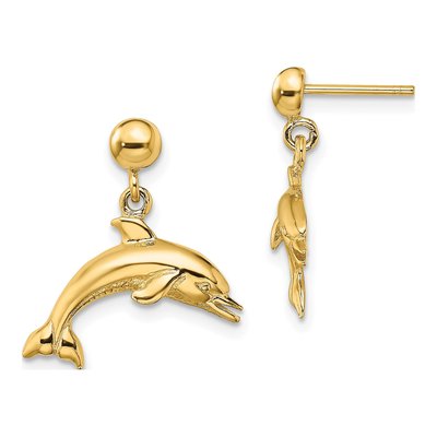 14K Yellow Gold Dolphin Dangle Earrings