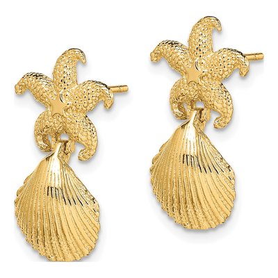 14K Yellow Gold Starfish Scallop Shell Dangle Earrings – view 3