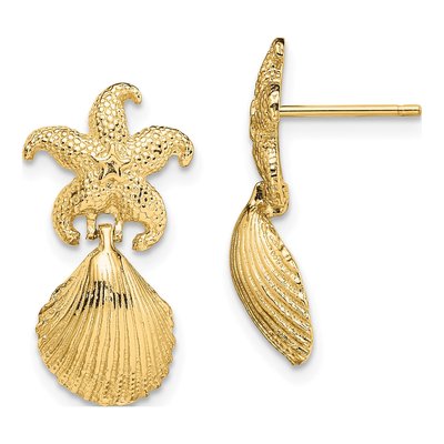 14K Yellow Gold Starfish Scallop Shell Dangle Earrings