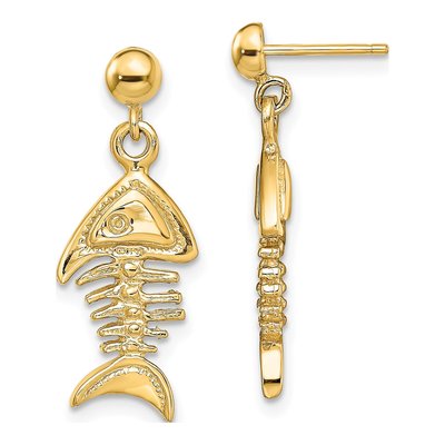 14K Yellow Gold 3-D Fishbone Dangle Earrings