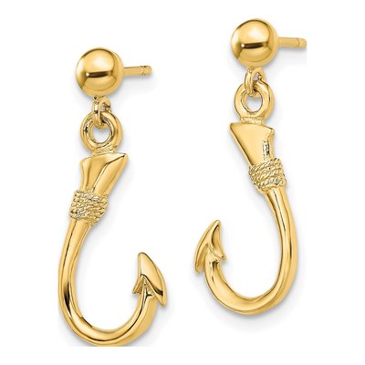 14K Yellow Gold 3D Fish Hook Dangle Earrings – view 3