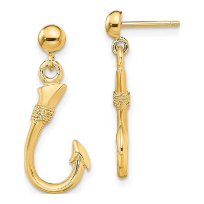 14K Yellow Gold 3D Fish Hook Dangle Earrings
