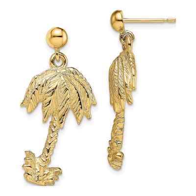 14K Yellow Gold Palm Tree Dangle Earrings