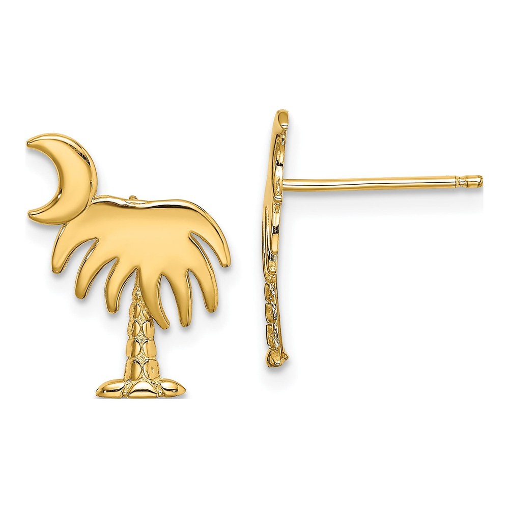 14K Yellow Gold Palm Tree Moon Stud Earrings