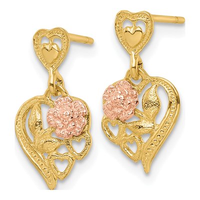 14K Two-Tone Gold Heart Flower Dangle Earrings – view 3