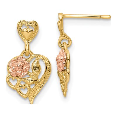 14K Two-Tone Gold Heart Flower Dangle Earrings
