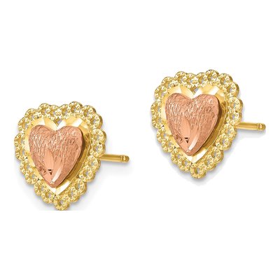 14K Two-Tone Gold Diamond-Cut Heart Stud Earrings – view 3