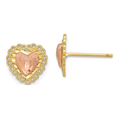 14K Two-Tone Gold Diamond-Cut Heart Stud Earrings
