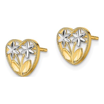 14K Yellow Gold Diamond-Cut Heart Flower Earrings – view 3
