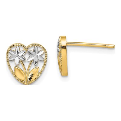 14K Yellow Gold Diamond-Cut Heart Flower Stud Earrings