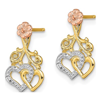14K Two-Tone Gold Hearts Flower Dangle Earrings – view 2
