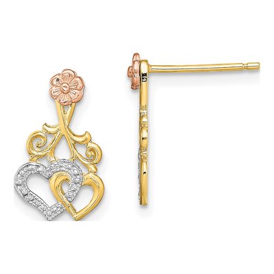 14K Two-Tone Gold Hearts Flower Dangle Earrings