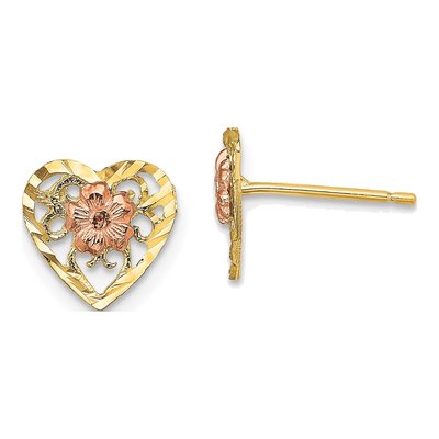 14K Two-Tone Gold Flower Heart Stud Earrings
