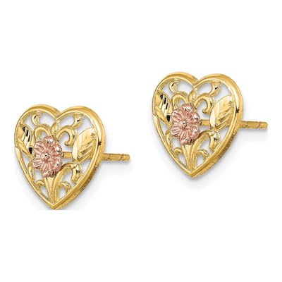 14K Two-Tone Gold Floral Heart Stud Earrings – view 3