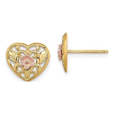 14K Two-Tone Gold Floral Heart Stud Earrings