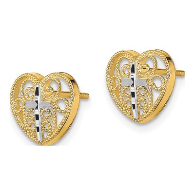 14K Yellow Gold Filigree Heart Cross Stud Earrings – view 3