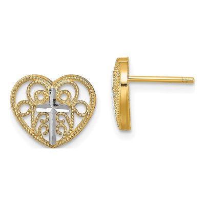 14K Yellow Gold Filigree Heart Cross Stud Earrings