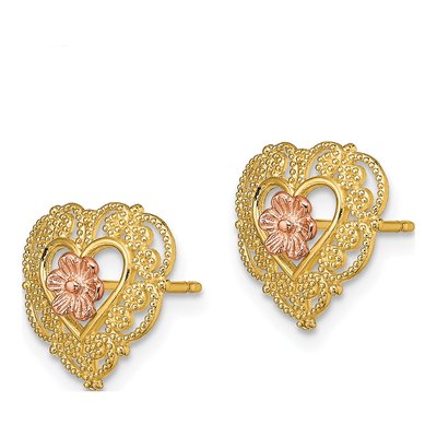 14K Two-Tone Gold Lace Heart Button Stud Earrings – view 3