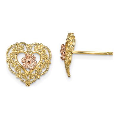 14K Two-Tone Gold Lace Heart Button Stud Earrings