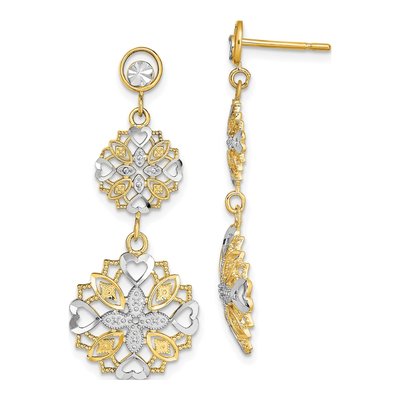 14K Yellow Gold Flower Heart Dangle Earrings