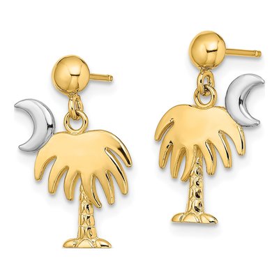 14K Yellow Gold Palm Tree Moon Dangle Earrings – view 3