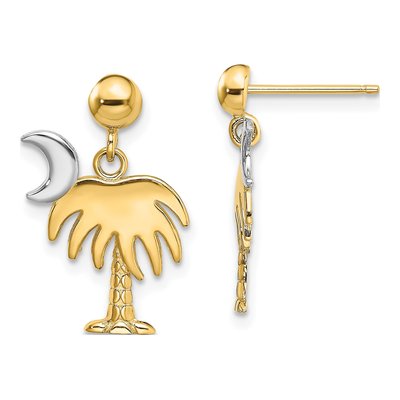14K Yellow Gold Palm Tree Moon Dangle Earrings
