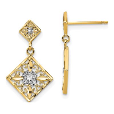 14K Yellow Gold Filigree Square Dangle Earrings