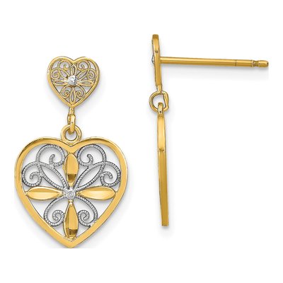 14K Yellow Gold Flower Heart Dangle Earrings