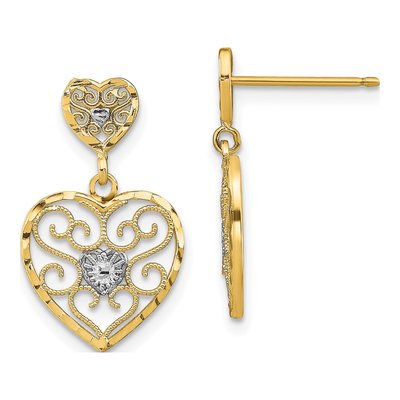 14K Yellow Gold Heart Filigree Dangle Earrings