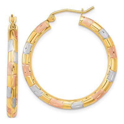 14K Yellow Gold Tri-Tone Diamond-Cut Hoop Earrings