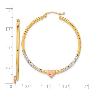 14K Two-Tone Gold Diamond-Cut Heart Hoop Earrings – view 5