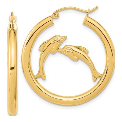 14K Yellow Gold 33mm Dolphin Hoop Earrings