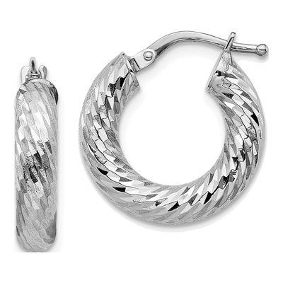 14K White Gold 18mm Diamond-Cut Round Tube Hoop Earrings