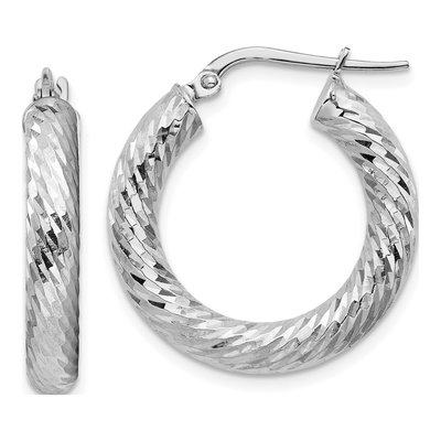 14K White Gold 22mm Diamond-Cut Round Tube Hoop Earrings