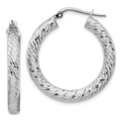 14K White Gold 30mm Diamond-Cut Round Tube Hoop Earrings