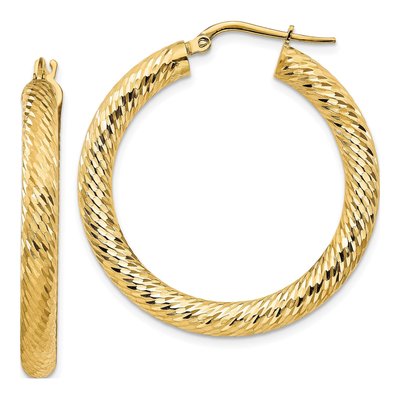 14K Yellow Gold 35mm Diamond-Cut Tube Hoop Earrings