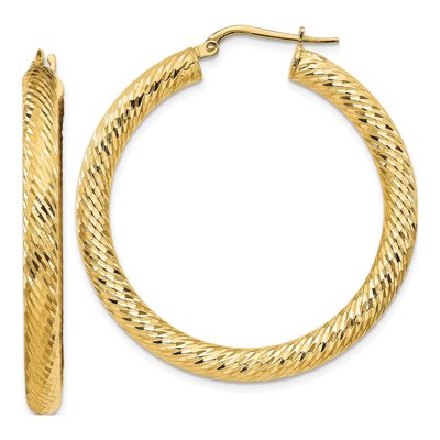 14K Yellow Gold 40mm Diamond-Cut Round Hoop Earrings