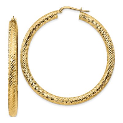 14K Yellow Gold 50mm Diamond-Cut Round Tube Hoop Earrings