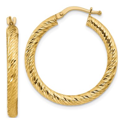 14K Yellow Gold 27mm Diamond-Cut Round Tube Hoop Earrings