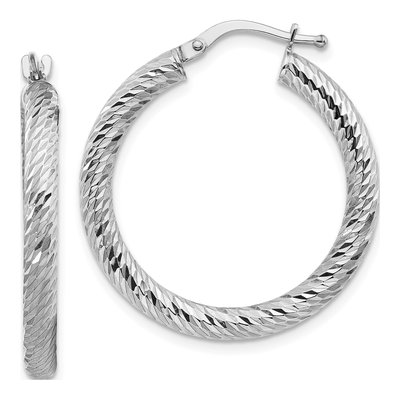 14K White Gold 27mm Diamond-Cut Round Hoop Earrings