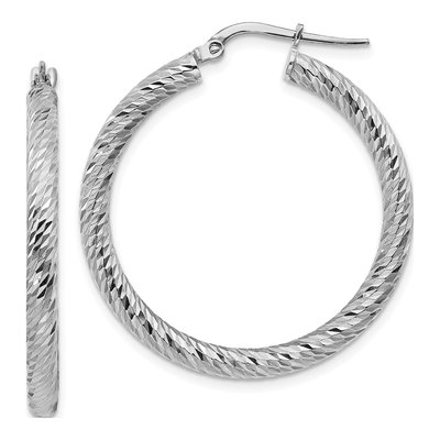 14K White Gold 32mm Diamond-Cut Hoop Earrings