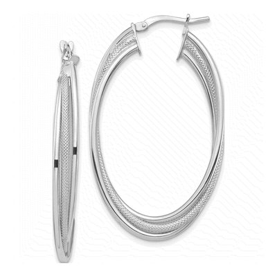 14K White Gold Twisted Oval Hoop Earrings