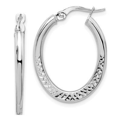 14K White Gold Diamond-Cut Oval Hoop Earrings